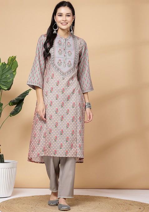 Grey Floral Printed Gotta Patti Linen Straight Kurta With Palazzos