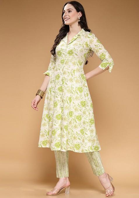 Green Women Printed Tunic And Trousers Coords
