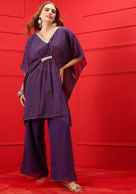 Purple Printed Vneck Top And Palazzo