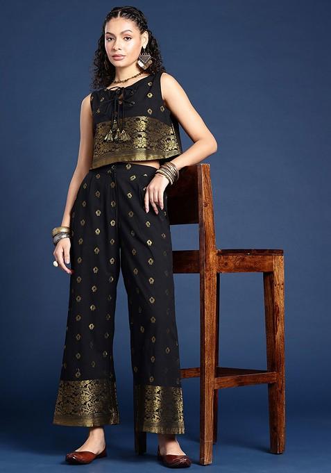 Black Tieup Neck Woven Legacy Ethnic Coords — view on Indya