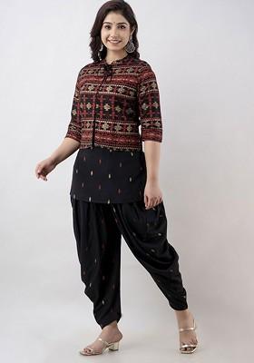 Black Printed Round Neck Tunic With Dhoti Pant And Jacket