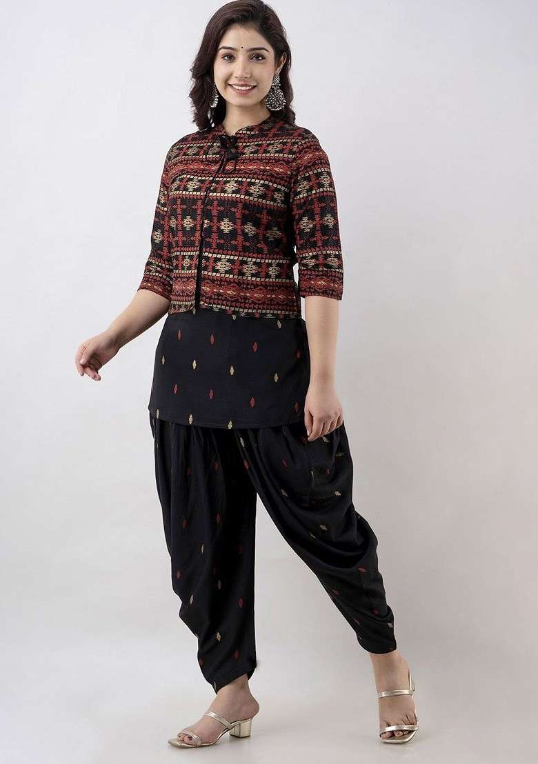Black Printed Round Neck Tunic With Dhoti Pant And Jacket - Indya