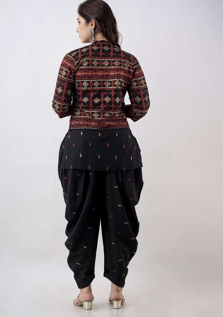 Black Printed Round Neck Tunic With Dhoti Pant And Jacket - Indya
