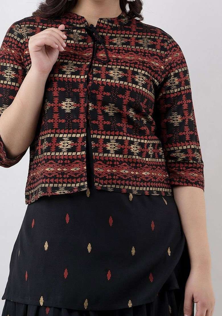 Black Printed Round Neck Tunic With Dhoti Pant And Jacket - Indya