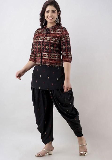 Black Printed Round Neck Tunic With Dhoti Pant And Jacket