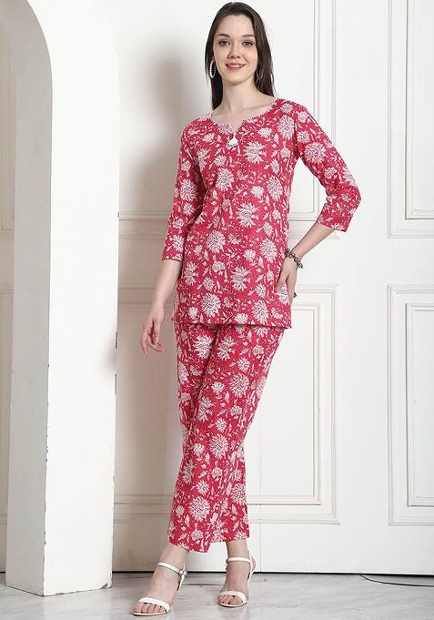 Pink Printed Pure Cotton Tunic With Trousers Coords