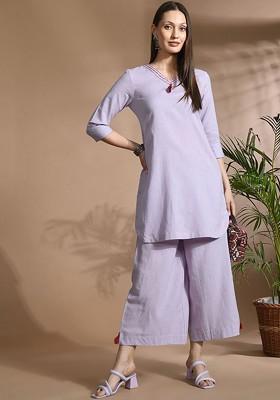 Mauve Vneck Threequarter Sleeves Pure Cotton Tunic With Palazzos