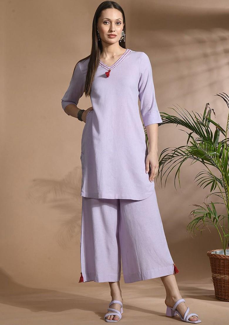 Mauve Vneck Threequarter Sleeves Pure Cotton Tunic With Palazzos - Indya
