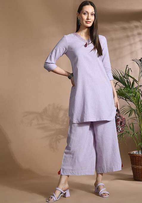 Mauve Vneck Threequarter Sleeves Pure Cotton Tunic With Palazzos
