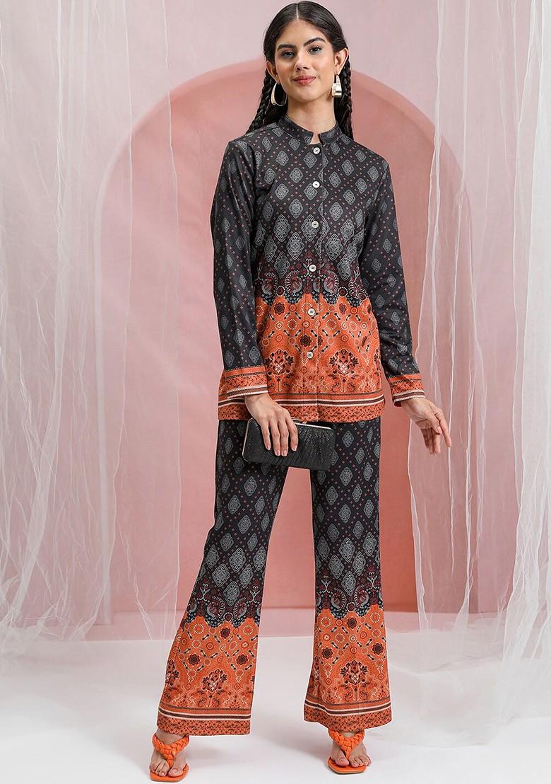 Black Printed Mandarin Collar Shirt With Bell Bottom Trouser