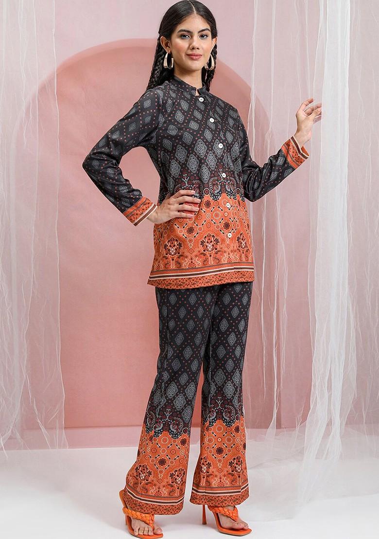 Black Printed Mandarin Collar Shirt With Bell Bottom Trouser