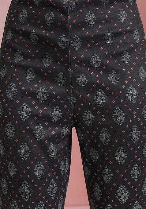 Black Printed Mandarin Collar Shirt With Bell Bottom Trouser