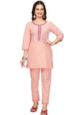 Peach Peach Pure Cotton Round Neck Tunic With Trouser