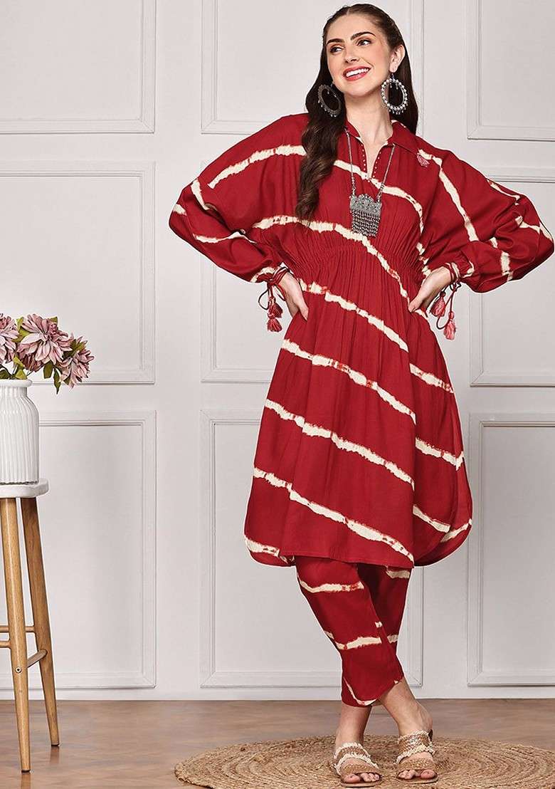 Red Tie And Dye Dyed Printed Vneck Tunic Top And Trouser Coords - Indya