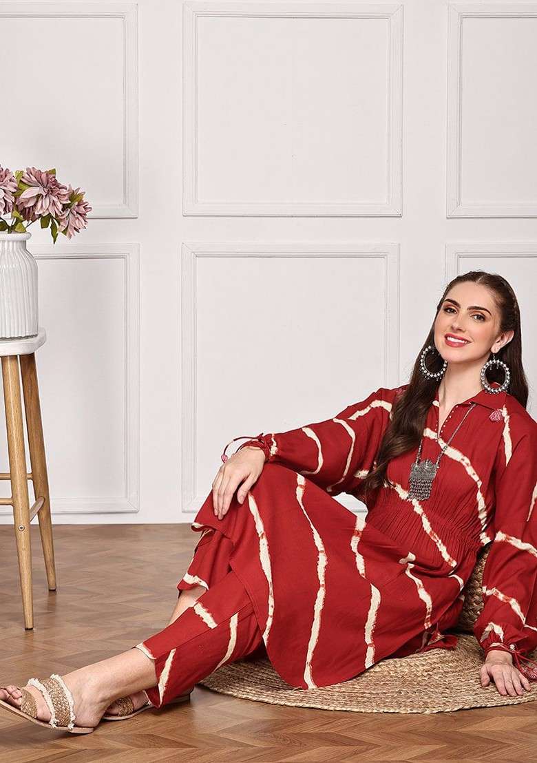Red Tie And Dye Dyed Printed Vneck Tunic Top And Trouser Coords - Indya