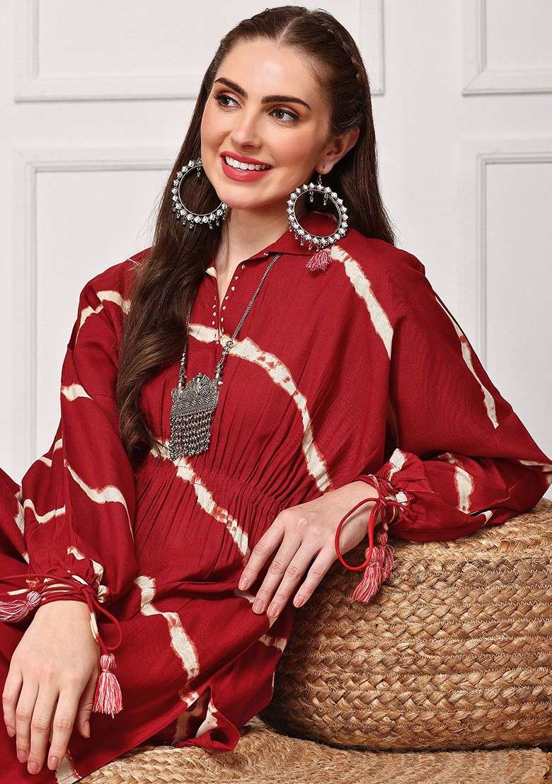 Red Tie And Dye Dyed Printed Vneck Tunic Top And Trouser Coords - Indya