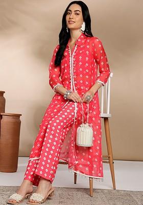 Pink Pink And White Ethnic Motifs Printed Sleeveless Crop Top With Trouser And Shrug