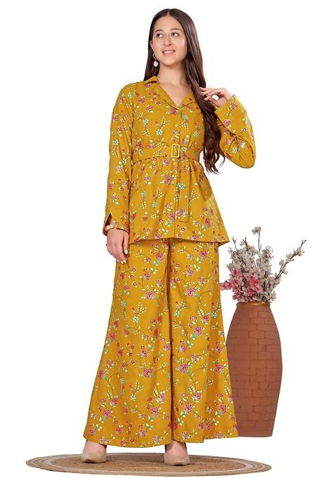 Yellow Floral Printed Long Sleeves Shirt With Palazzo