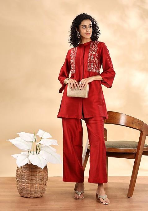 Maroon Embroidered Mandarin Collar Tunic With Trouser