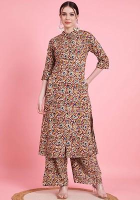 Maroon Floral Printed Mandarin Collar Kalamkari Straight Top With Palazzos