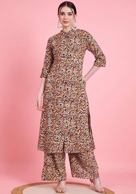 Maroon Floral Printed Mandarin Collar Kalamkari Straight Top With Palazzos