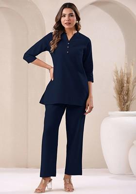 Navy Blue Pure Cotton V Neck Tunic And Trousers Coords