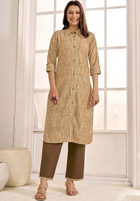 Beige Woven Design Pure Cotton Top With Palazzo