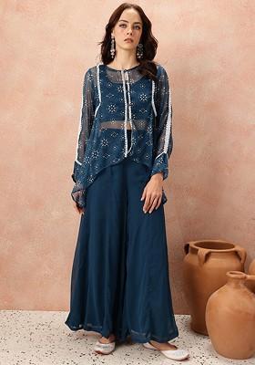 Navy Blue Printed Lace Detail Ethnic Coords With Shrug