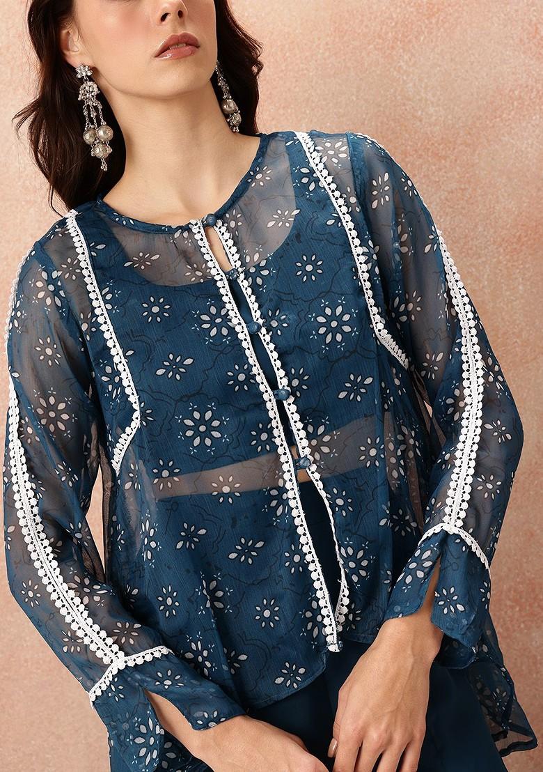 Navy Blue Printed Lace Detail Ethnic Coords With Shrug - Indya