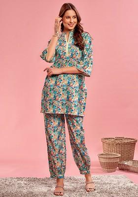 Blue Regular Printed Kurta With Salwar