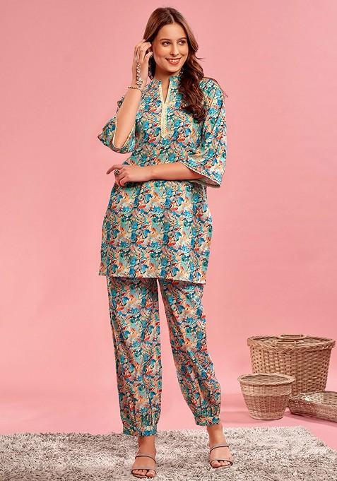 Blue Regular Printed Kurta With Salwar