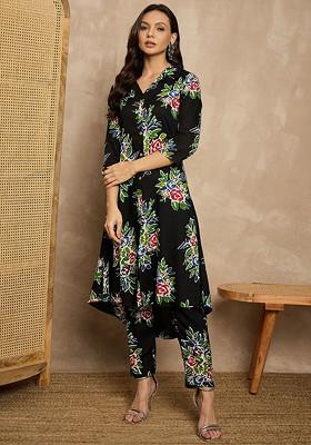 Black Floral Printed Shirt Collar Tunic With Trousers