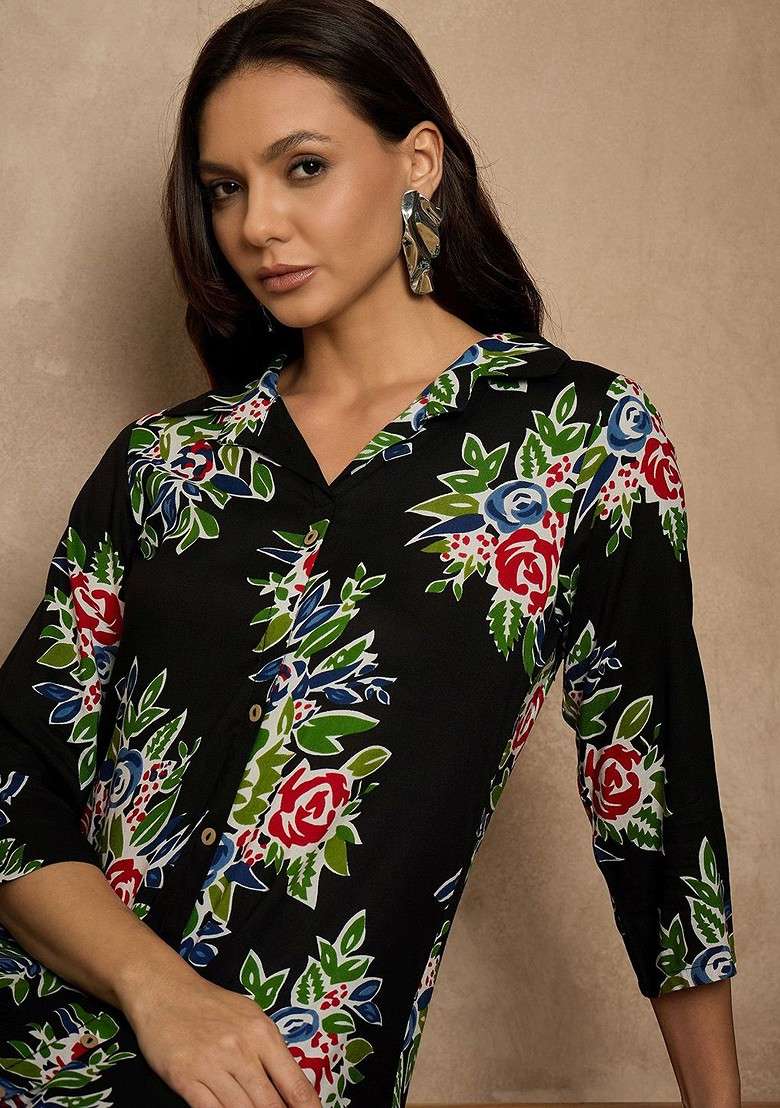 Black Floral Printed Shirt Collar Tunic With Trousers - Indya