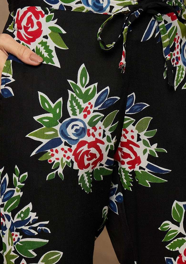 Black Floral Printed Shirt Collar Tunic With Trousers - Indya