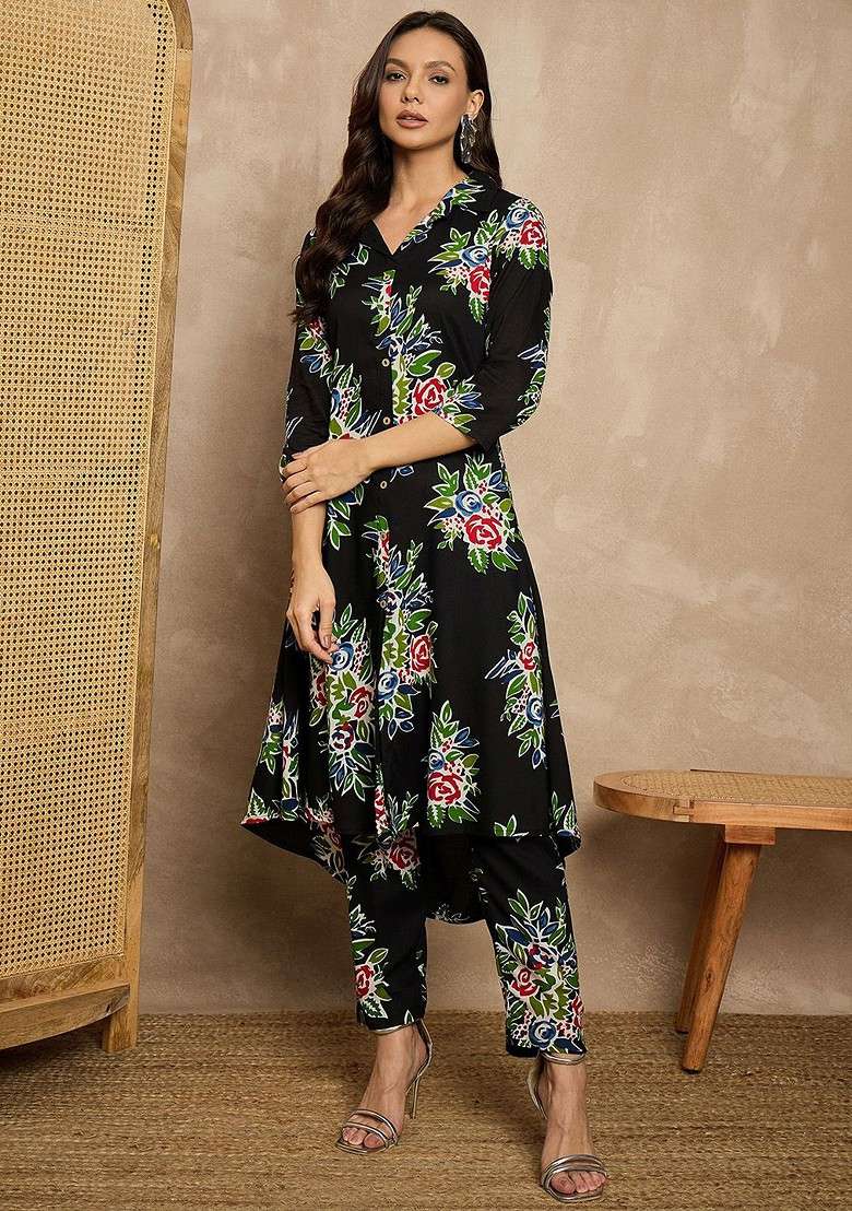 Black Floral Printed Shirt Collar Tunic With Trousers - Indya