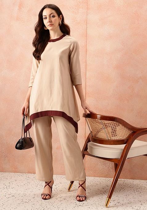 Beige Contrast Neck Ethnic Coords