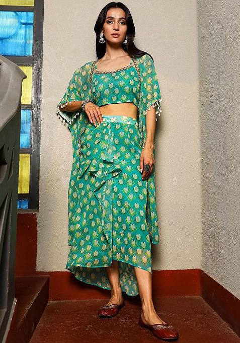 Green Floral Printed Crop Top With Skirt And Shrug