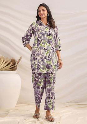 Cream Floral Printed Pure Cotton Tunic With Trousers Coords