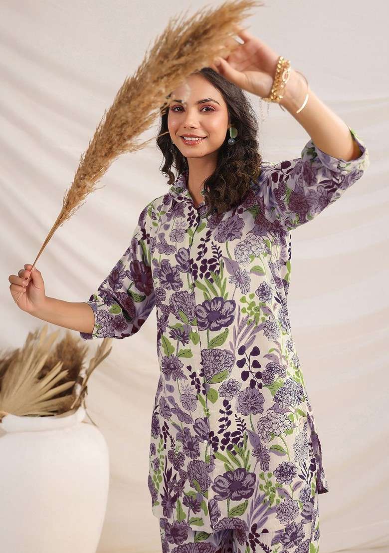 Cream Floral Printed Pure Cotton Tunic With Trousers Coords - Indya