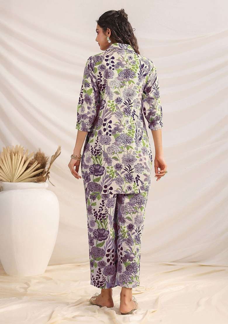 Cream Floral Printed Pure Cotton Tunic With Trousers Coords - Indya