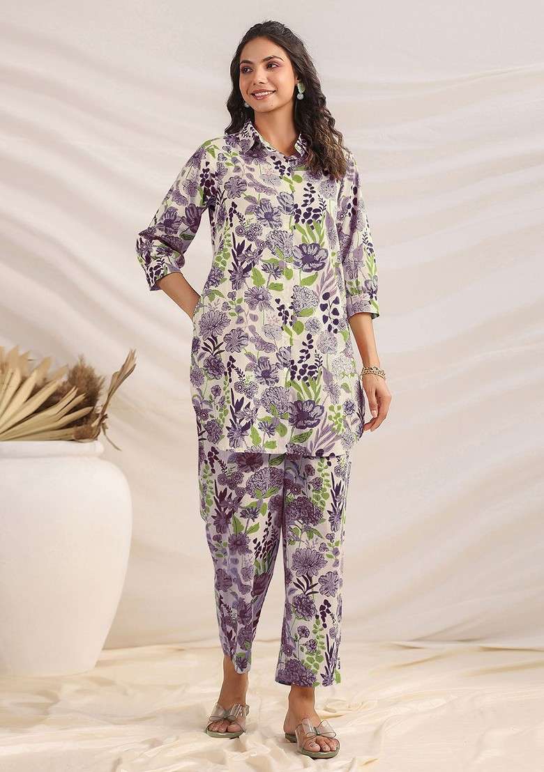 Cream Floral Printed Pure Cotton Tunic With Trousers Coords - Indya