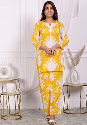 Yellow Printed Pure Cotton Tunic And Trousers
