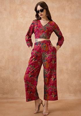 Pink Vneck Floral Print Crop Top With Wide Leg Pants Fusion Coord Set