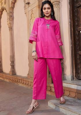 Fuchsia Women Embroidered Band Collar Shirt With Palazzos Coords Set