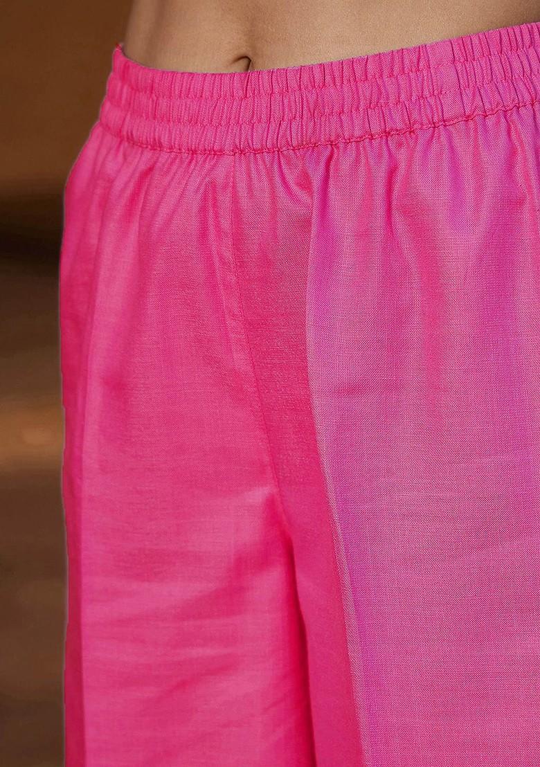 Fuchsia Women Embroidered Band Collar Shirt With Palazzos Coords Set - Indya