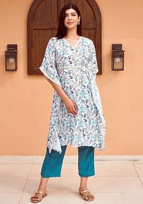 Blue Printed Vneck Collar Tunic With Flared Palazzos Coords