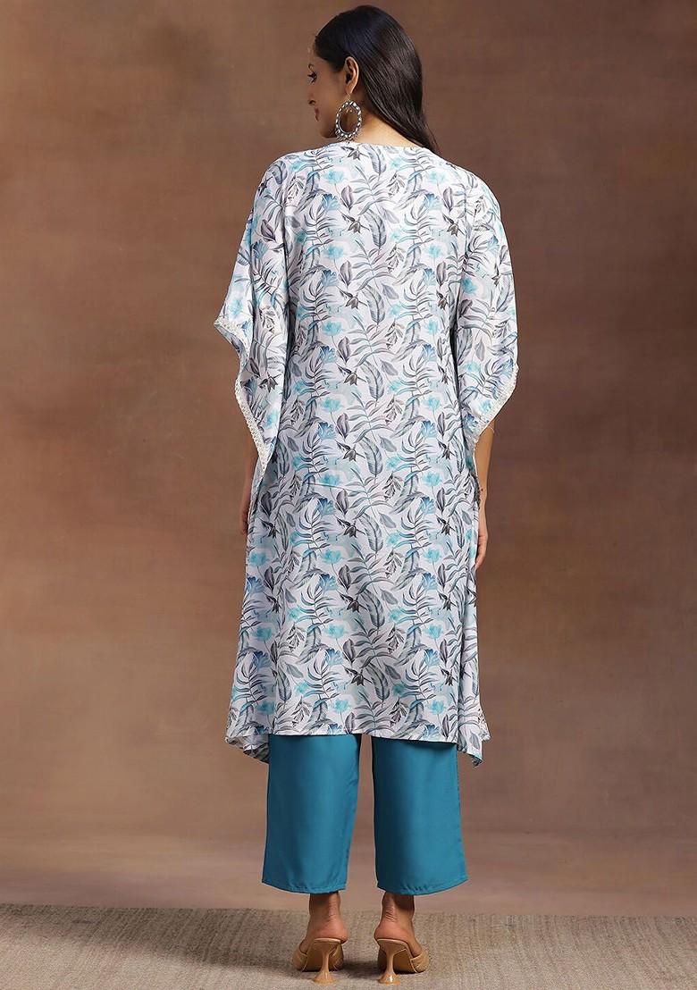 Blue Printed Vneck Collar Tunic With Flared Palazzos Coords