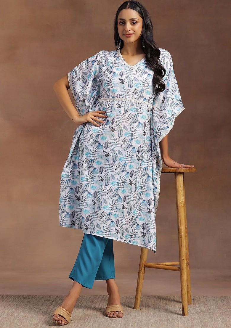 Blue Printed Vneck Collar Tunic With Flared Palazzos Coords