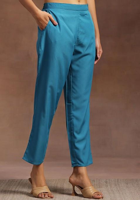 Blue Printed Vneck Collar Tunic With Flared Palazzos Coords