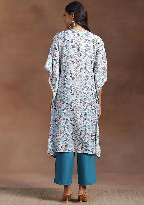 Blue Printed Vneck Collar Tunic With Flared Palazzos Coords